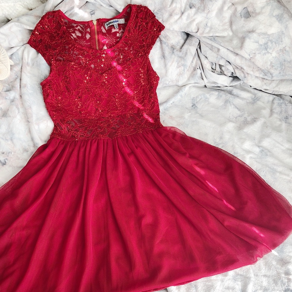 Cap Sleeve, Sequin, Red Cocktail Dress